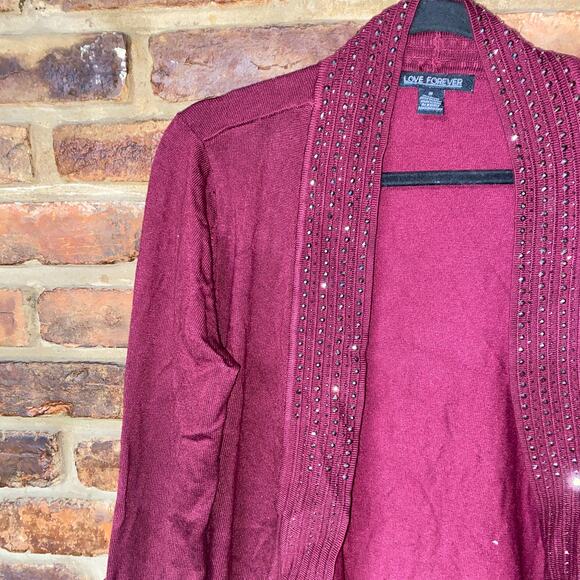 Love Forever Maroon Red Embellished Open Front Cardigan Sweater Size Medium - Picture 2 of 5